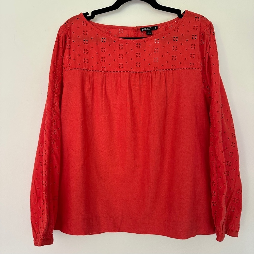 J. Crew Red Eyelet Long-Sleeve Blouse